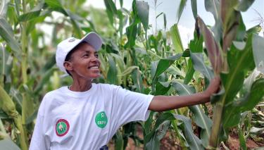 Clémence Nibaruta hat an Schulungen unserer Partnerorganisation ADISCO in Gitega (Burundi) teilgenommen und betreibt nun agrarökologischen Landbau. Sie ist außerdem Mitglied einer Spargruppe und einer landwirtschaftlichen Kooperative und gibt dort ihre Kenntnisse weiter. Von ihrem Einkommen zahlt die Witwe Schulgebühren für ihre Kinder und baut ihren landwirtschaftlichen Betrieb weiter aus. Neben Bananenpflanzen, einem Gemüsegarten und einem Maisfeld besitzt sie mittlerweile auch eine Kuh und vier Ziegen. Clémence Nibaruta steht stolz in ihrem Maisfeld in Gitega, Burundi. Sie hat an Schulungen unserer Partnerorganisation ADISCO in Gitega (Burundi) teilgenommen und betreibt nun agrarökologischen Landbau.