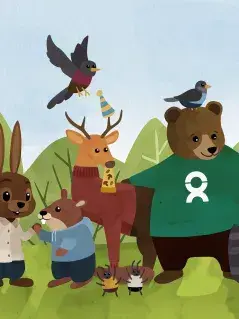 Die Tiere aus dem Kinderbuch "Die Welt ist manchmal ungerecht" Die Tiere aus dem Kinderbuch stehen gemeinsam vor ihrem Wald