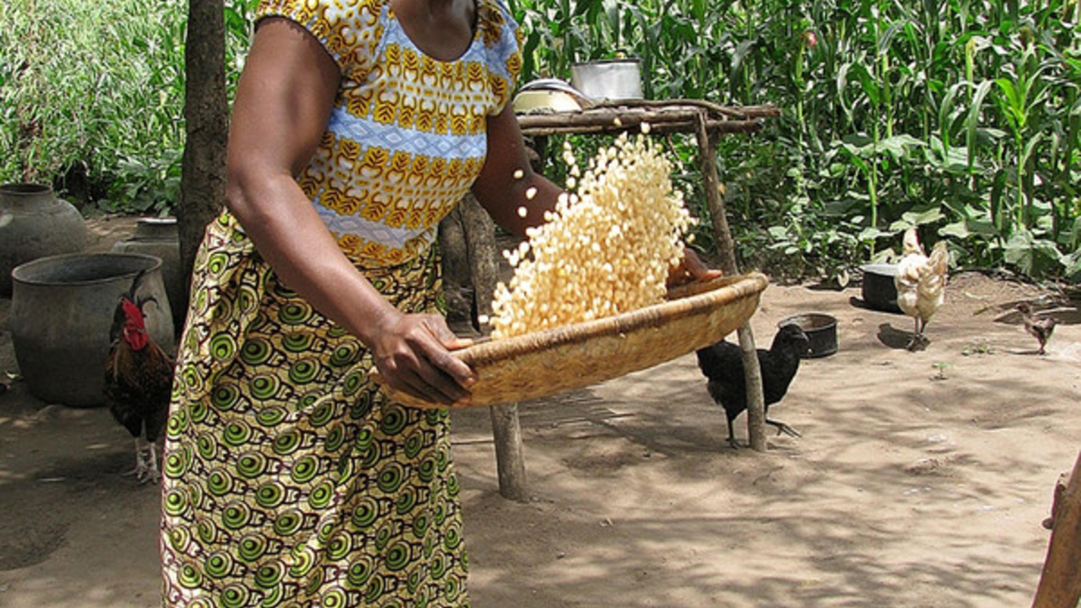 Janet Zamadunga (30) erzählt beim Trennen der Spreu vom Mais. „Seit wir begonnen haben, mithilfe von Oxfams Partnerorganisation CADECOM Sojabohnen und Taubenerbsen anzubauen, geht es uns viel besser. Die Hülsenfrüchte haben viel Protein, und außerdem können wir sie gewinnbringend verkaufen. Meine vier Kindern und ich haben mittlerweile ein sehr viel besseres Leben.“ 