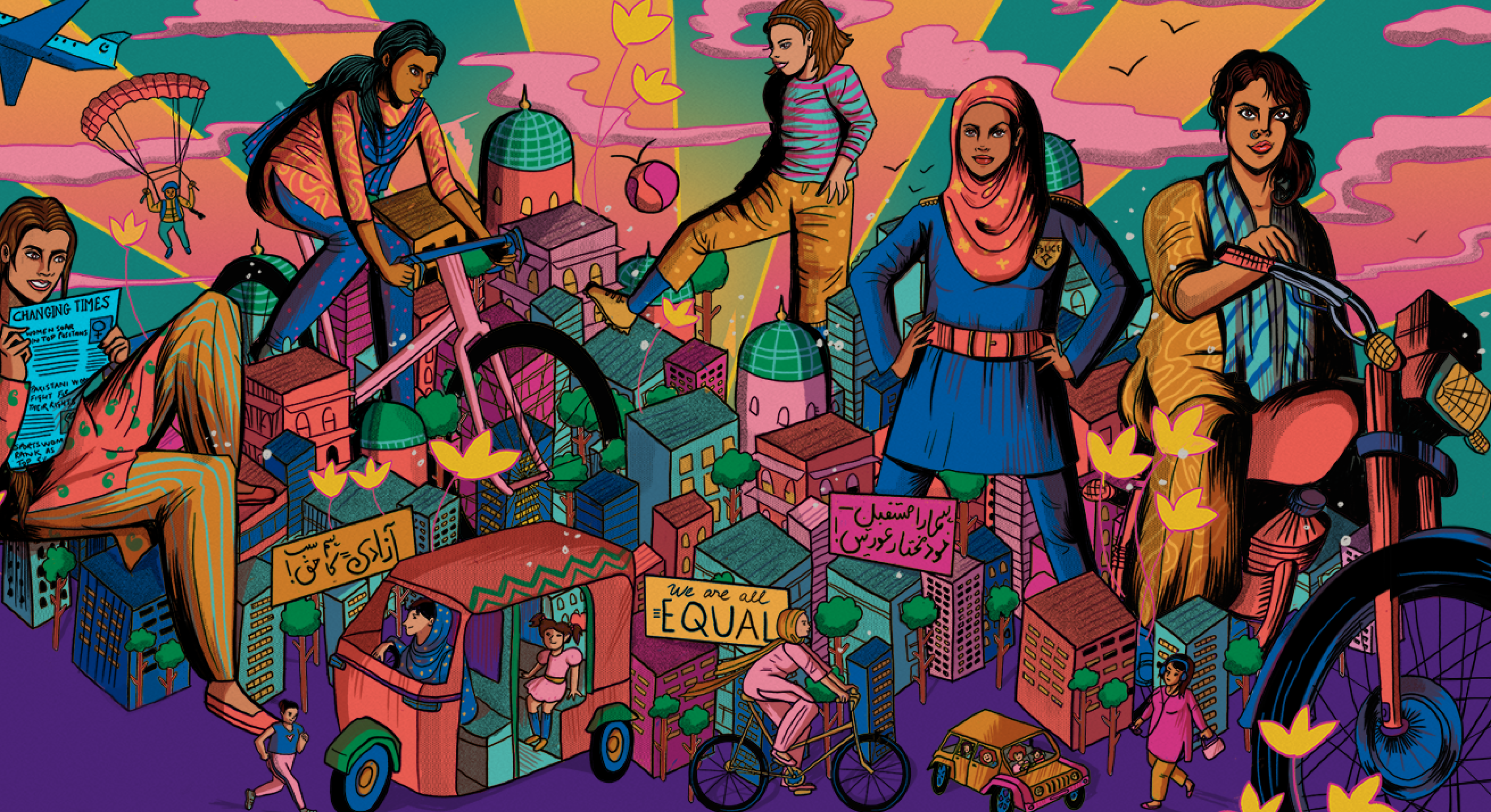 Bunte Illustration: 5 unterschiedliche Frauen positionieren sich in einem Stadtbild, das wie eine Spielstadt aussieht, weil die Personen übergroß gestaltet wurden. Titel: We are all EQUAL.