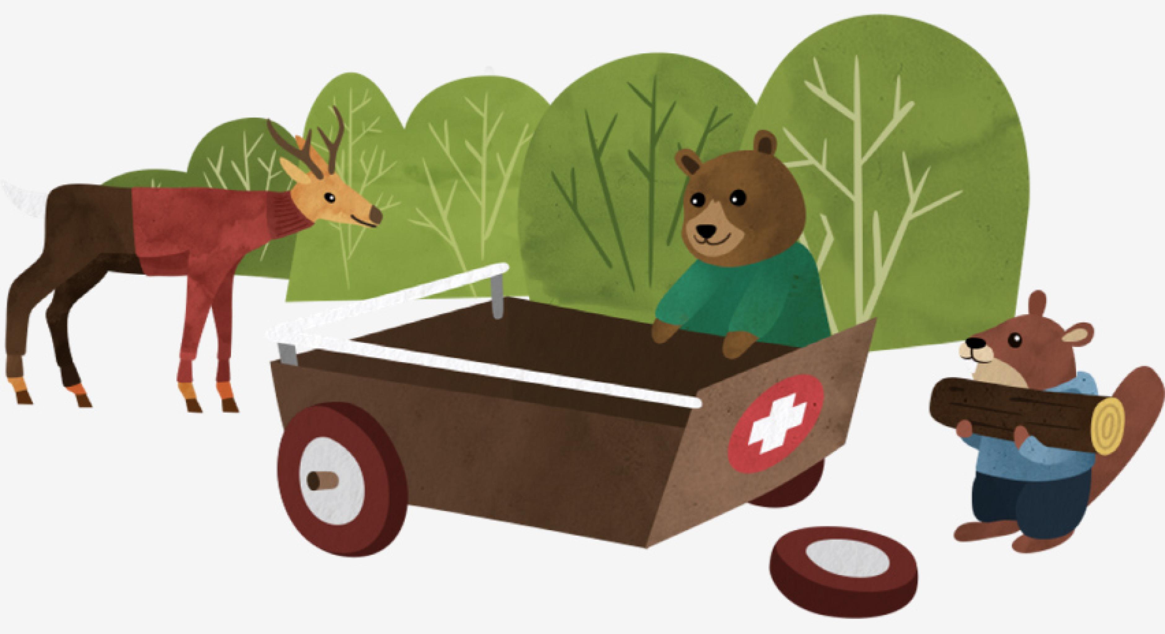 Illustration: Die Tiere im Wald bauen gemeinsam einen Krankenwagen