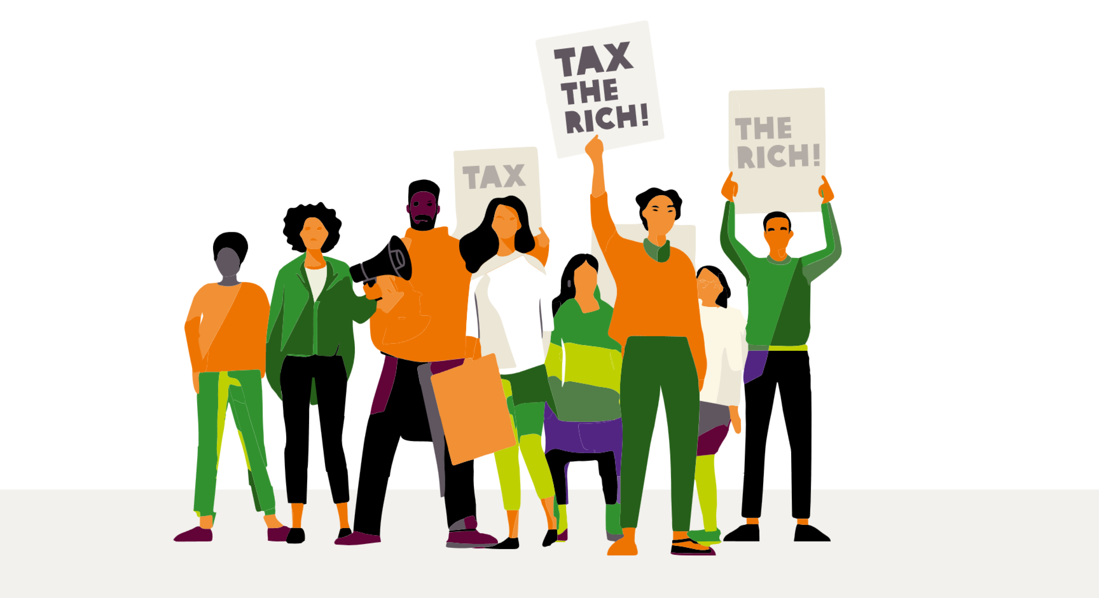 Illustration von Menschen, die Plakate in die Lust halten mit der Aufschrift "Tax the Rich"