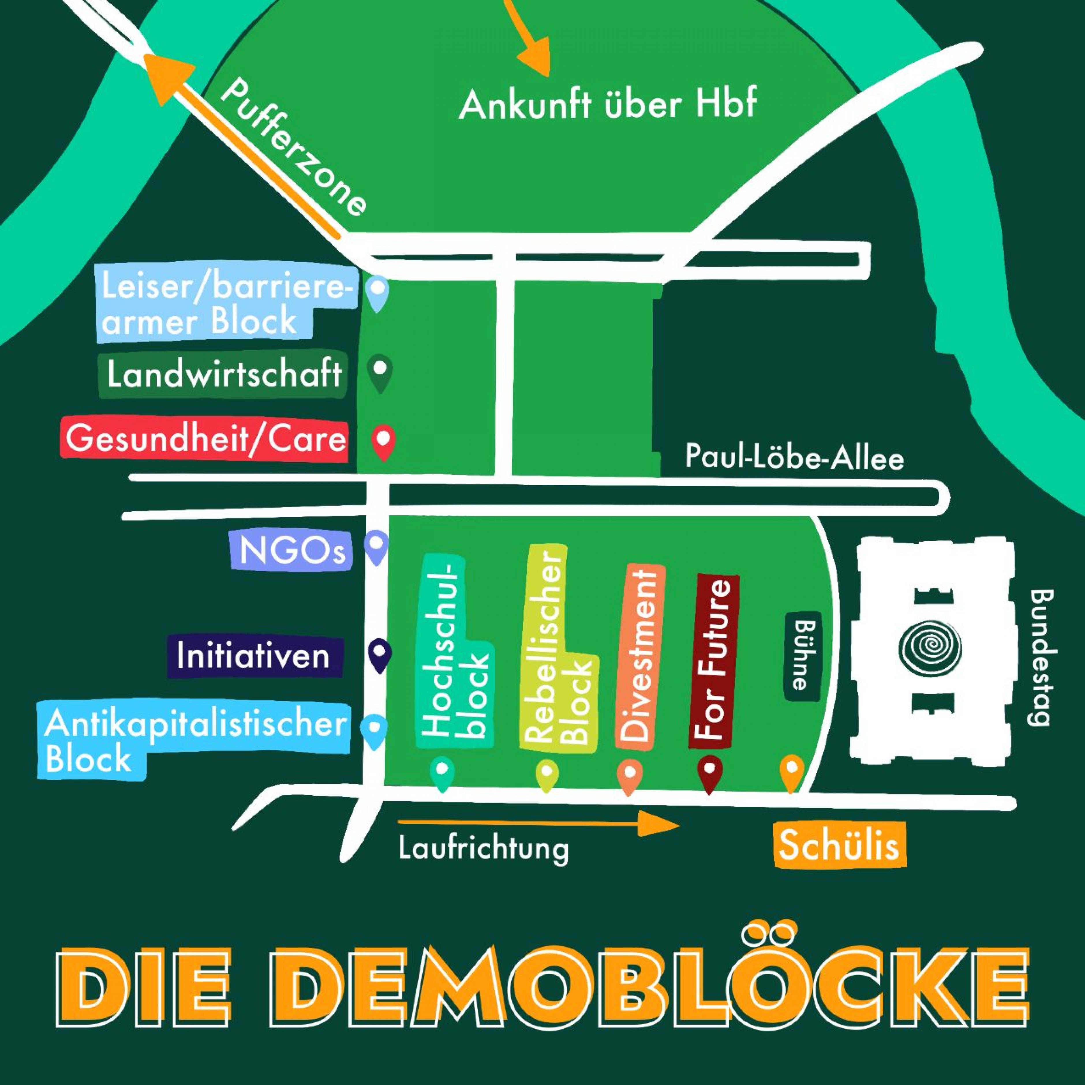 Die Grafik zeigt die Startpositionen der Demo-Blöcke für den Klimastreik. Der NGO-Block trifft sich um 12 Uhr an der Kreuzung Paul-Löbe-Allee/Heinrich-von-Gagern-Straße.