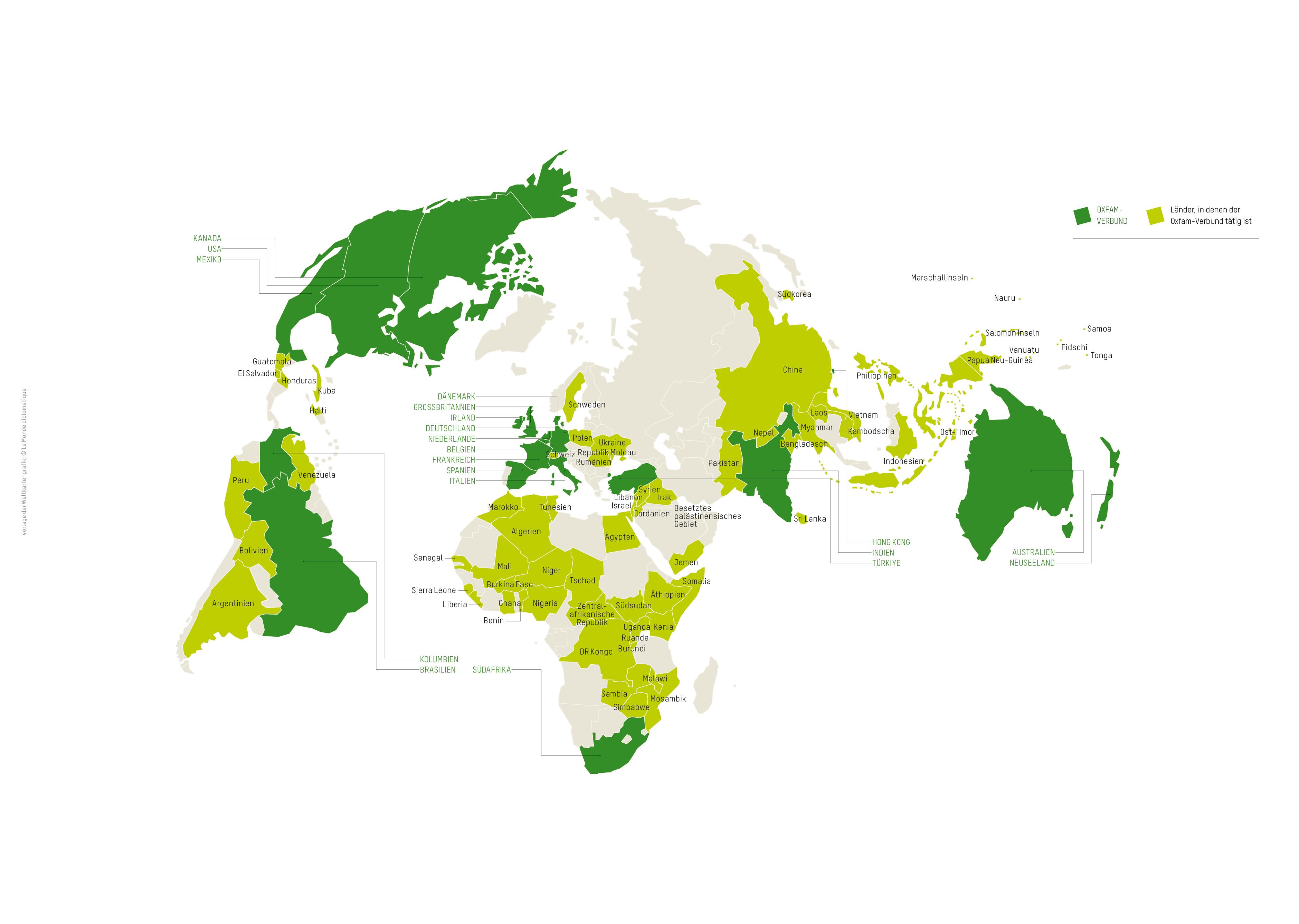 Eine Karte die alle Länder dieser Welt zeitg. Farbliche Markierungen zeigen, wo Oxfam auf der Welt tätig ist.