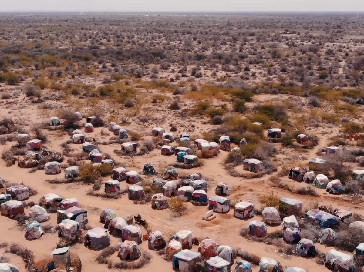 Ein Camp für Geflüchtete am Rande der Wüste in Burao, Somalia. Es sind viele provisorische Unterkünfte zu sehen. Gleich dahinter beginnt die Wüste mit einigen Büschen.
