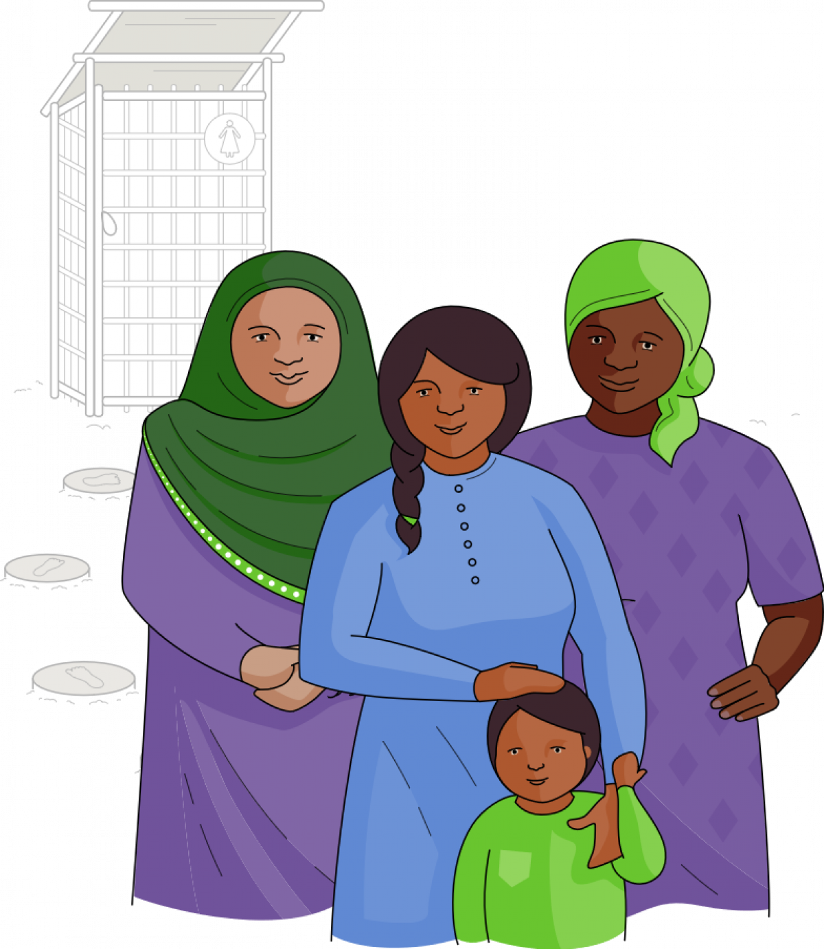 WASH: Zeichnung dreier Frauen und eines Kindes vor einer Latrine