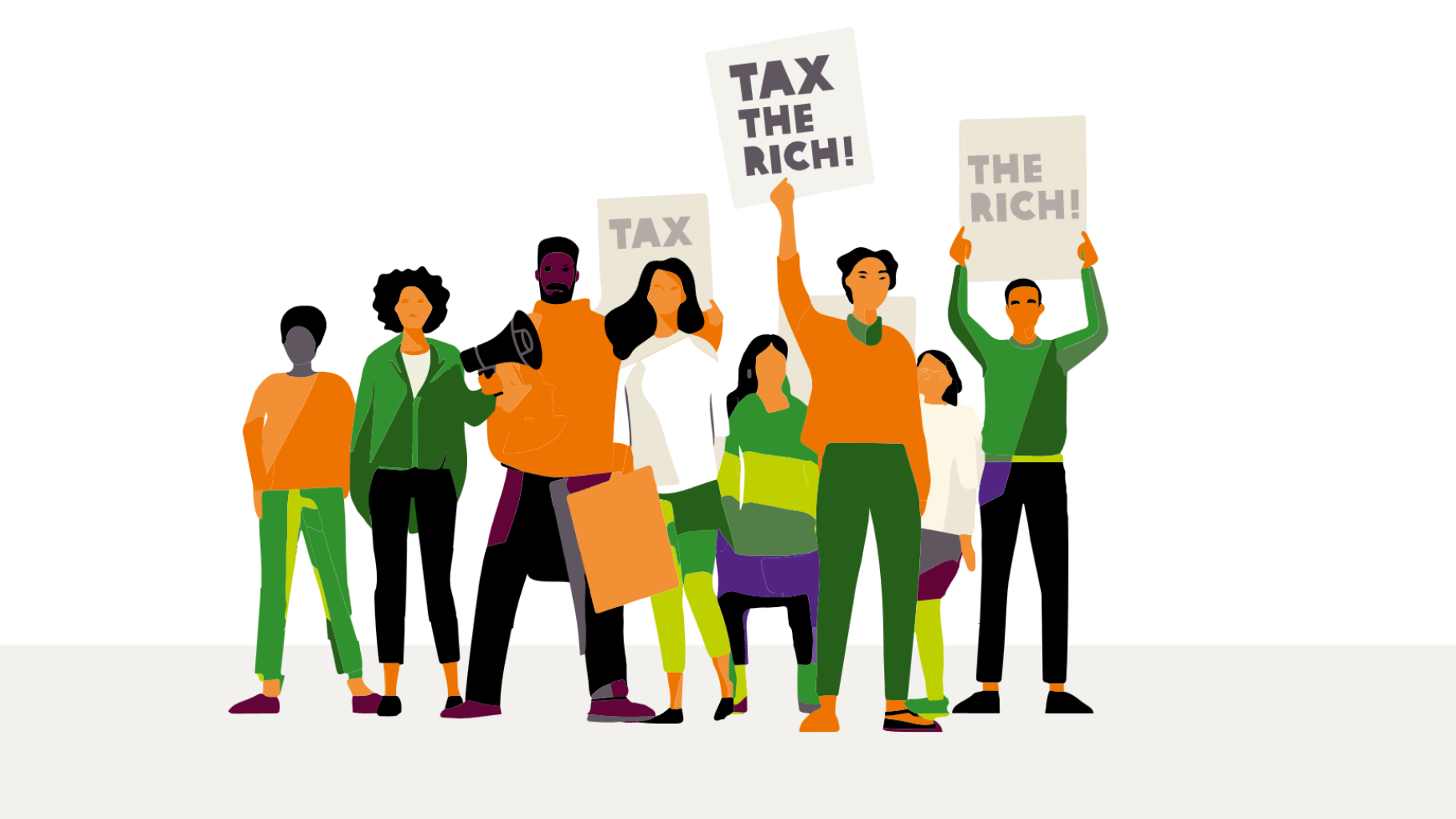 Illustration von Menschen, die Plakate in die Lust halten mit der Aufschrift "Tax the Rich"