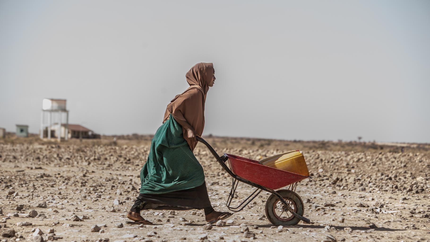 Eine Frau läuft über vertrocknetes Land und transportiert Wasser mti einem Karren