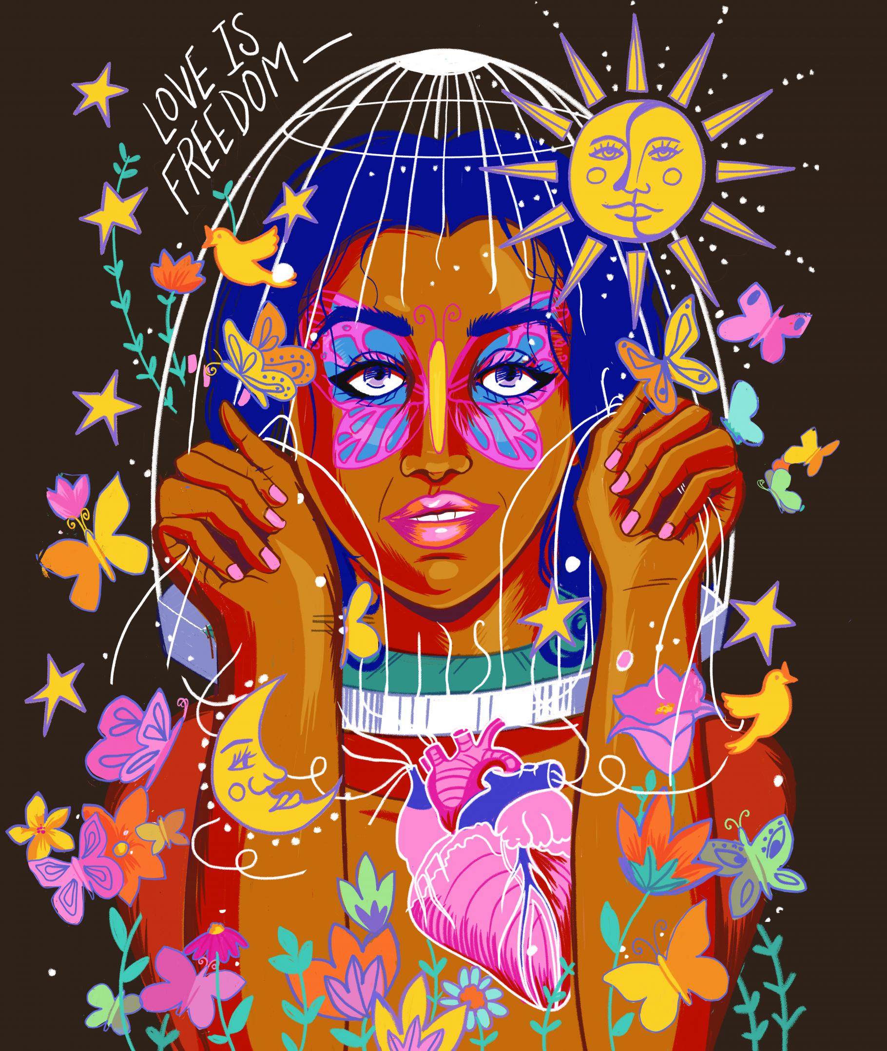 Illustration einer Woman of Color, die sich aus einem Käfig bereit. Um sie herum sind eine Sonne, Schmetterlinge und ein Vodel zu sehen. In der linken oberen Ecke steht "Love is Freedom".