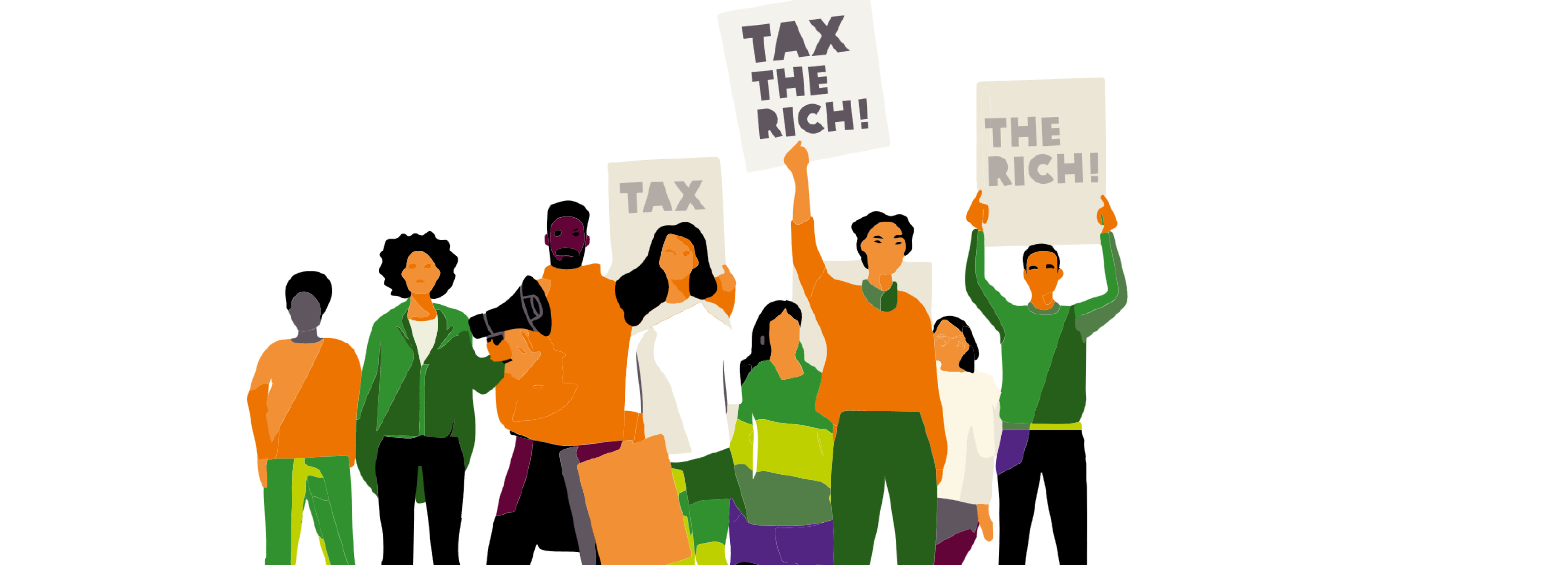 Illustration von Menschen, die Plakate in die Lust halten mit der Aufschrift "Tax the Rich"