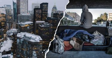 Soziale Ungleichheit ist kein Naturgesetz: Sie ist Folge einer Politik, die Profite vor Menschen stellt. Wolkenkratzer eines Bankenviertels und Obdachlosigkeit unter einer Brücke