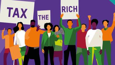 Illustration: Demonstrierende mit Schildern, auf denen "Tax the rich" steht