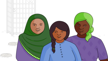 Welche Ansprüche haben die Menschen in einer bestimmten Region an eine Latrine? Sani Tweaks berücksichtigen diese und andere Fragen. WASH: Zeichnung dreier Frauen und eines Kindes vor einer Latrine
