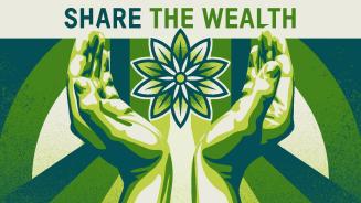 Zwei Hände öffnen ihre Handflächen zueinander, dazwischen ragt das Symbol einer grünen Pflanze heraus. Über der Illustration wird der Aufruf "Wohlstand teilen" aufgeführt.
