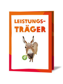Firmengeschenk: Geschenkkarte mit Kühlschrankmagnet „Esel“ Geschenkkarte mit Aufschrift „Leistungsträger“ und einem Esel