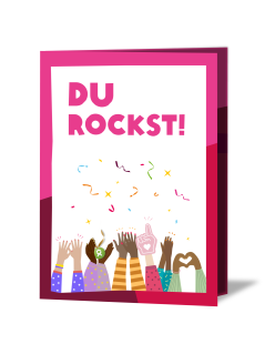 Firmengeschenk: Geschenkkarte mit Kühlschrankmagnet „Frauenpower“ Geschenkkarte mit Aufschrift „Du rockst“ und feiernden Händen