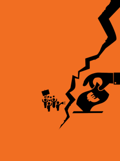 Oxfam Ungleichheits-Bericht 2026 Die Zerreißprobe: Illustration zeigt einen Riss zwischen demonstrierenden Figuren und einer großen Hand, die einen Geldschein in einen Schlitz steckt.