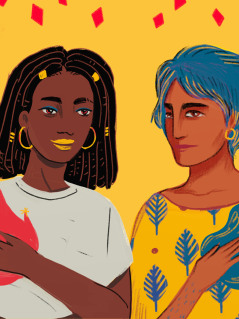 Illustration zeigt zwei Frauen, die eine hält Feuer in der Hand, die andere Wasser.