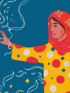 Illustration einer Frau, die einen Planeten aus einem Planetensystem greift.