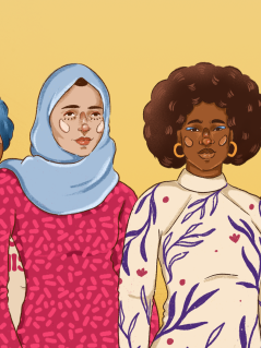 Schluss mit struktureller Gewalt gegen Frauen und Mädchen Illustration von vier Frauen