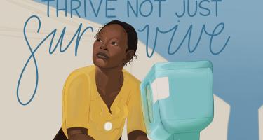 "Thrive not just survive." - Gezeichnete Grafik mit einer Person, die eine Handwaschstation bedient. Realistisch gezeichnete Grafik, die eine Person of Color an einer Handwaschstation zeigt. Sie schaut entschlossen. Oberhalb der Person steht in blauer Schrift: "Thrive not just survive"